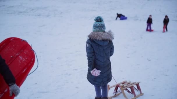 Dziewczynka Jest Ciągnięcie Jej Sanki Wzgórze Przewraca Zaczyna Rzucanie Śnieżkami — Wideo stockowe
