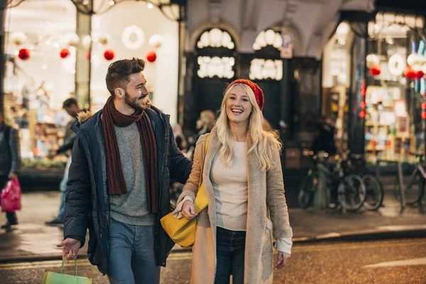 Front View Mid Adult Couple Walking City Street Christmas Shopping — Stock Photo, Image