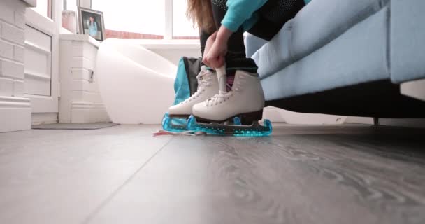 Close Shot Little Girl Putting Figure Skates She Goes Her — Stock Video