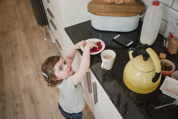 High Angle View Little Girl Standning Kicthen Reaching Kitchen Counter — Stock Photo, Image