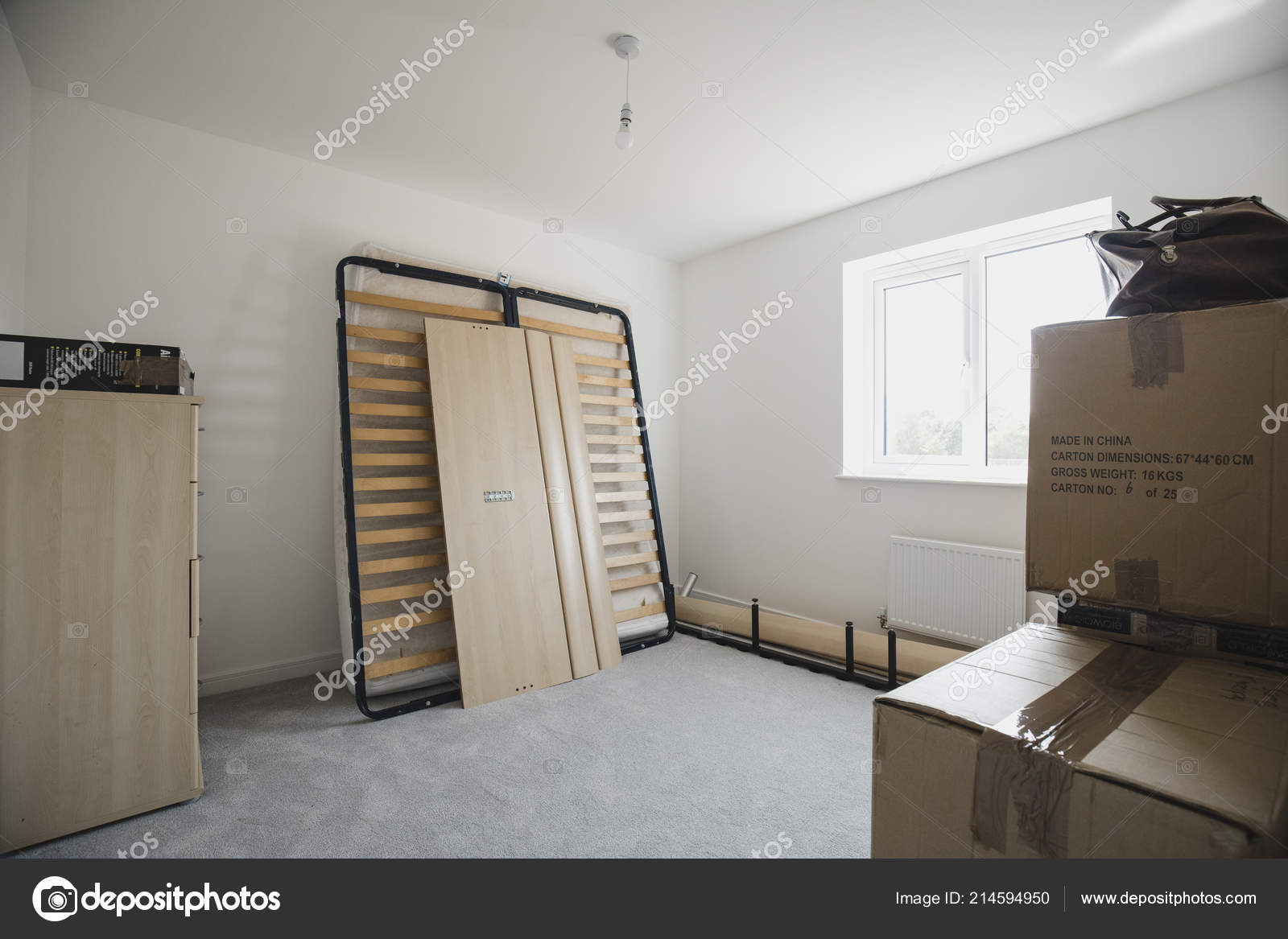 Bedroom New Home Flatpack Furniture Cardboard Boxes Stock Photo