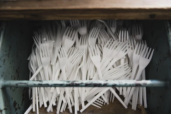 High Angle View Drawer Disposable Plastic Forks — Stock Photo, Image