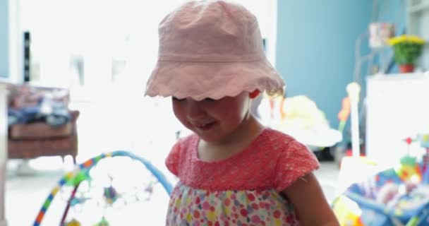 Little Girl Looks Turns Away Looks Back Smiles Turning Walking — Stock Video
