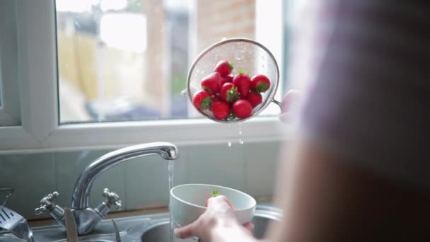 Frau Spült Ein Paar Erdbeeren Der Küche Unter Wasser Damit — Stockvideo