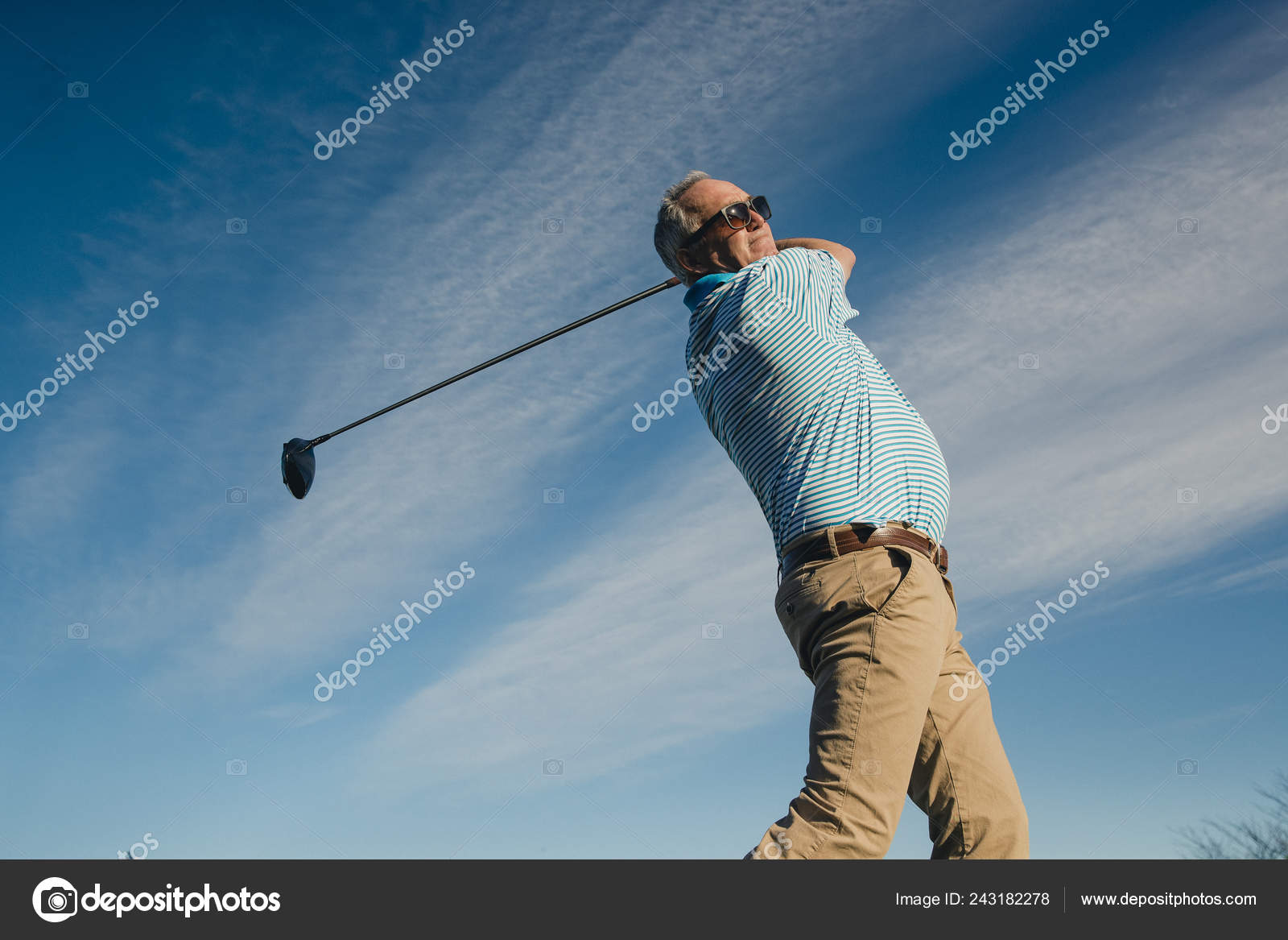 Ball Perspective Shot Senior Man Swinging Golf Club Stock
