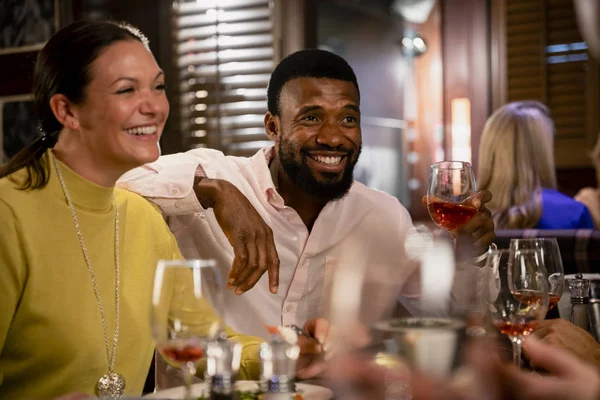 Mid Adult Couple Sitting Restaurant Enjoying Meal Drinks Smiling Laughing — Stock Photo, Image