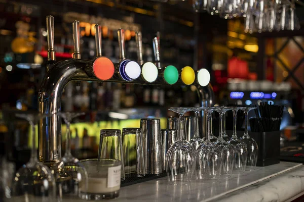 Close Row Beer Taps Bar Counter Restaurant — Stock Photo, Image