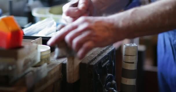 Close Shot Senior Man Using Surform Planer Wood His Workshop — Stock Video