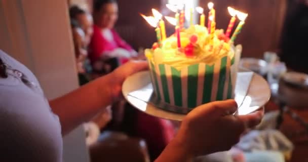 Tracking Shot Unrecognisable Female Woman Carrying Birthday Cake Small Group — Stock Video