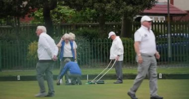 Kıdemli bir adam bovling sahasında bir grup bocce topu toplarken görülebilir..