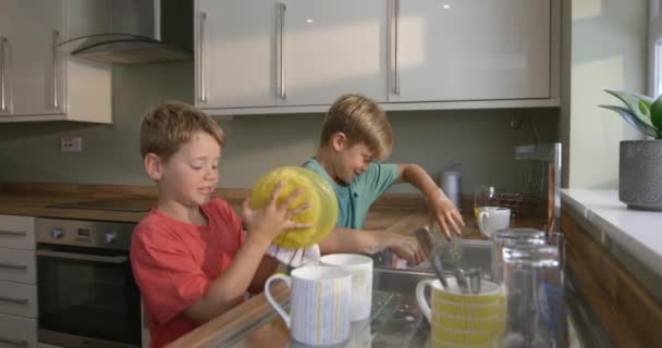 Tiro Visão Lateral Dois Irmãos Jovens Lavando Pratos Juntos Eles — Vídeo de Stock