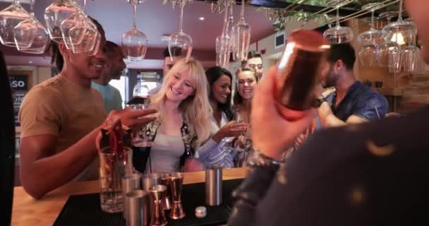 Groupe Amis Debout Dans Bar Portant Toast Fête Avec Leurs — Video