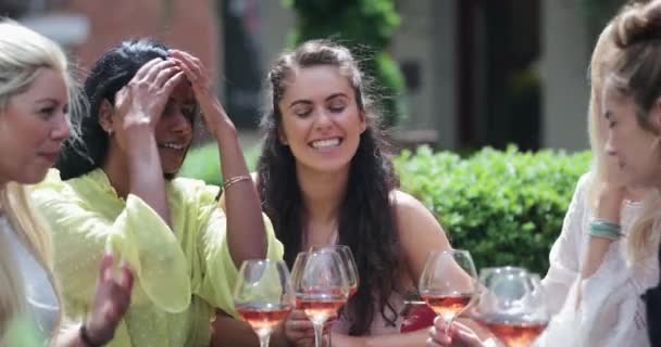 Grupa Przyjaciółek Rozmawia Podczas Wspólnych Drinków Ogrodzie Piwnym — Wideo stockowe