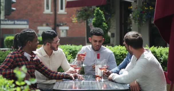 一緒に飲む男性の友人のグループとビヤガーデンでお祝いのトースト — ストック動画