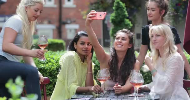 Group Female Friends Having Drinks Taking Selfie Together Outdoors Beer — Stock Video