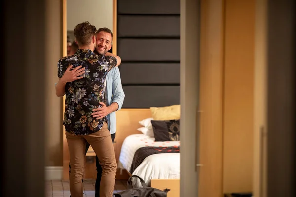 Two Caucasian Men Embracing Hotel Room Have Romantic Evening Planned — Stock Photo, Image