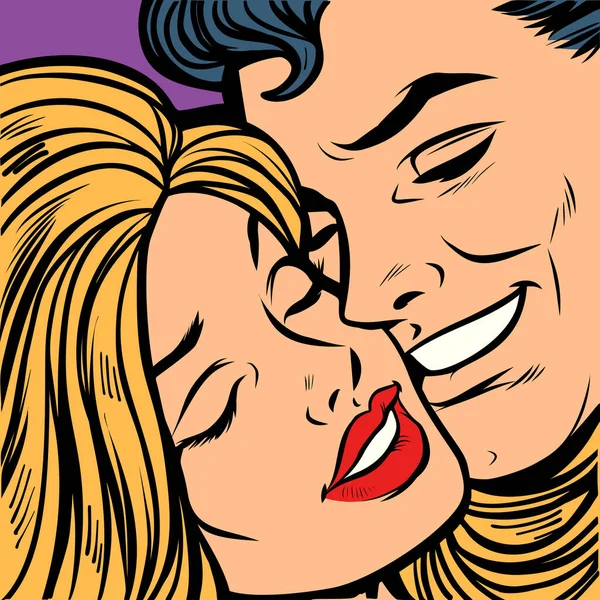 Hombre y mujer sonrientes, cara de cerca. Una pareja enamorada — Vector de stock