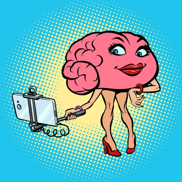 Мозг персонажа Женщина селфи палка фото — стоковый вектор