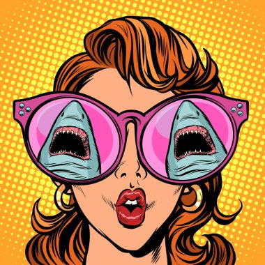 kadın köpekbalığı sürpriz ile görünüyor. Komik çizgi film pop sanat retro vektör çizim çizim