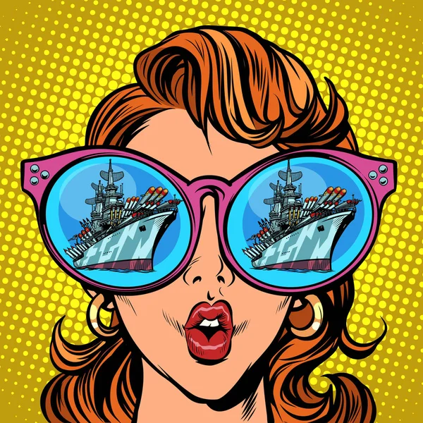 Woman with sunglasses. Warship battleship cruiser in reflection — Stock Vector