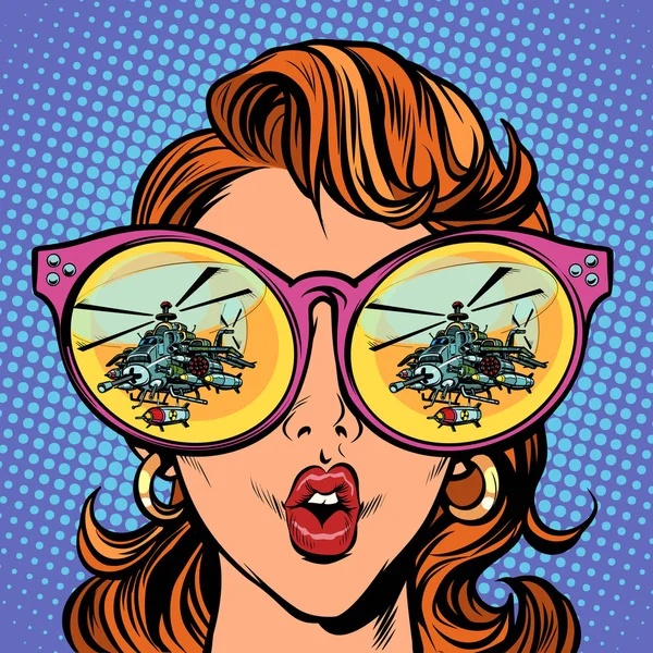 Kvinna med solglasögon. militär helikopter i reflektion — Stock vektor