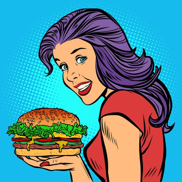 Burger peynirli ızgara et salata. Aç kadın hızlı yemek yeme