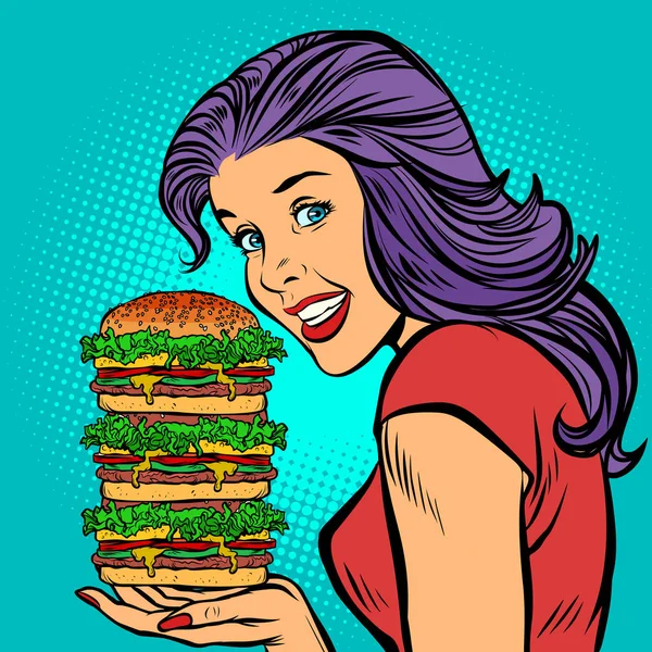 Óriás hamburger. Éhes nő evés gyorsétterem — Stock Vector