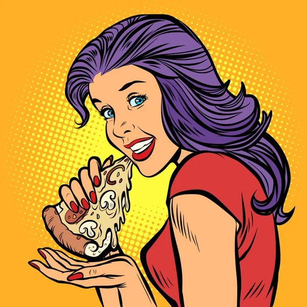 Pizza. Mujer hambrienta comiendo comida rápida — Vector de stock