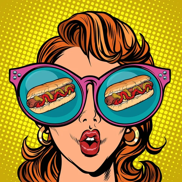 Hot dog sausage ketchup mustard. Woman reflection in glasses — Stock Vector