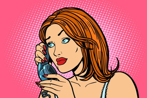 Femme attentive parlant au téléphone. Émotions . — Image vectorielle