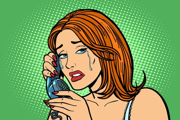 Wanita menangis berbicara di telepon. Emosi . - Stok Vektor