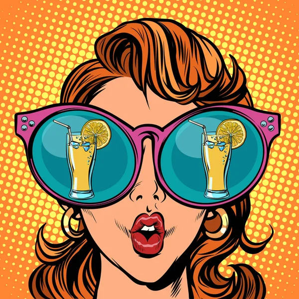 Yellow drink lemonade juice with lemon. Woman reflection in glas Royalty Free Stock Vectors