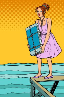 Woman suicide with smartphone on neck wants to drown herself. Beach promenade. Comic cartoon pop art retro vector illustration drawing