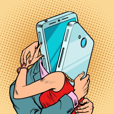 sanal tarihi erkek ve kadın sarılma. Seven çift. smartphone ile Toplantı. Komik çizgi film pop sanat retro vektör çizim çizim
