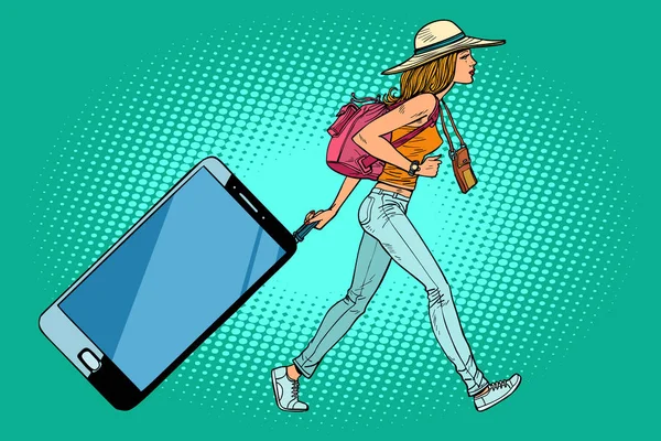 Mujer viajera con un smartphone. Gadget en lugar de equipaje — Vector de stock