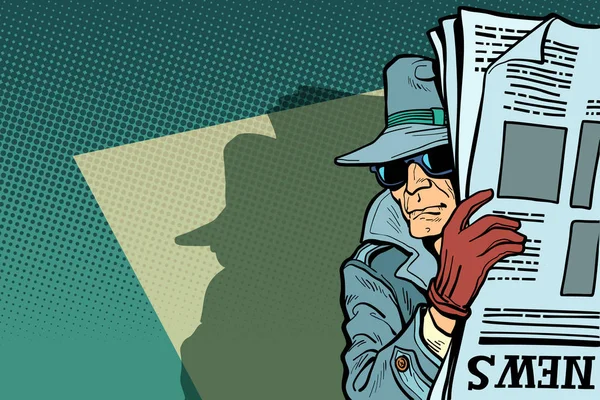 Detective espía en sombrero y gafas de sol, periódico — Vector de stock