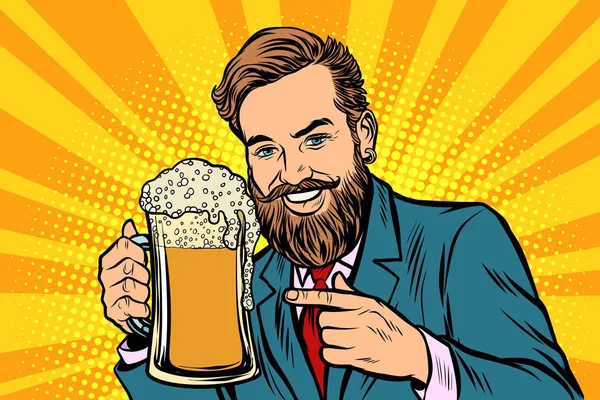 Χαμογελαστός άνθρωπος με μια κούπα μπύρα αφρού — Διανυσματικό Αρχείο