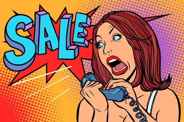 Sale discounts. Woman screams in phone — Stock Vector