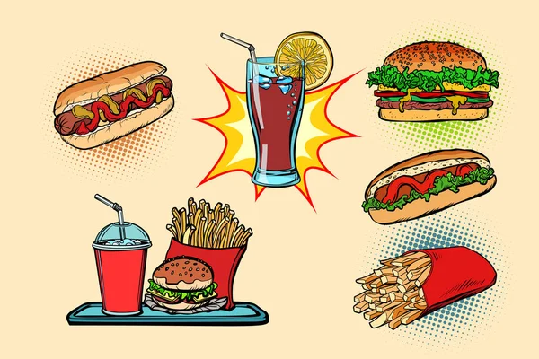 Fast food set raccolta hot dog Burger Cola patatine fritte bevanda — Vettoriale Stock
