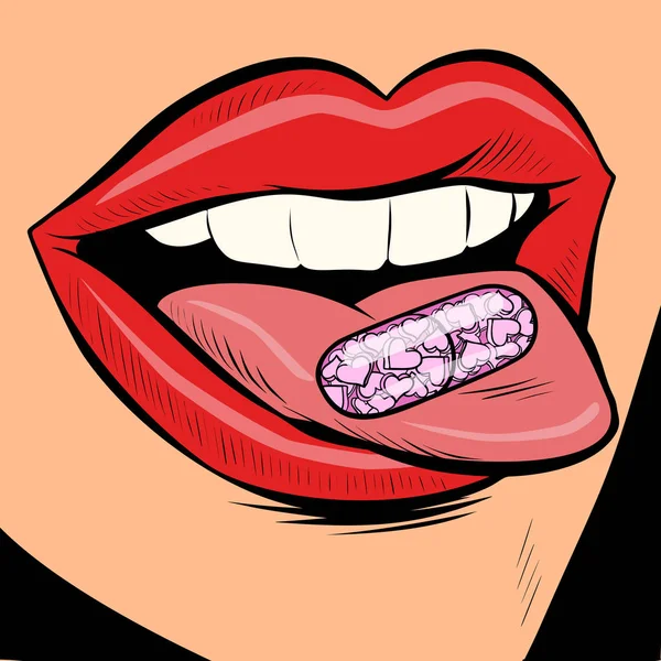 Píldora oral en una lengua de mujer — Vector de stock