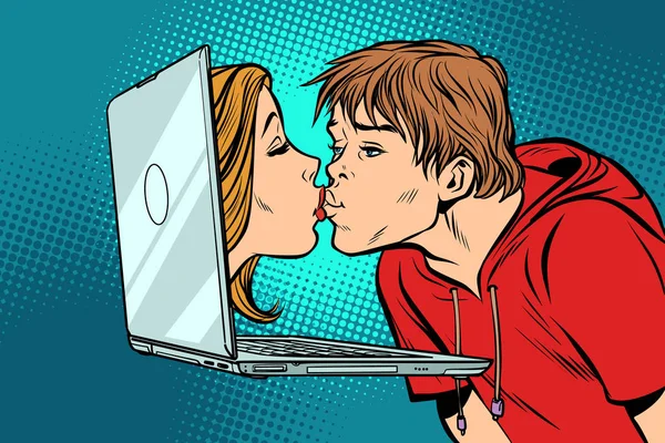 Virtuele kus, jonge man en vrouw online datum — Stockvector