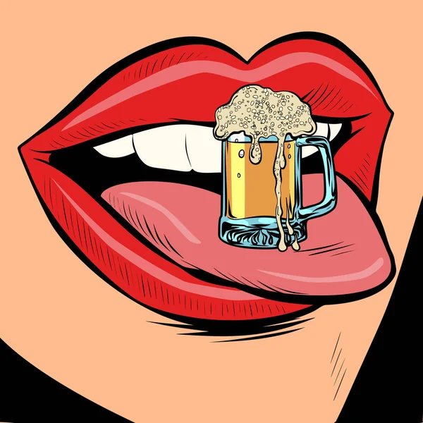 Caneca de cerveja espuma fêmea língua boca — Vetor de Stock