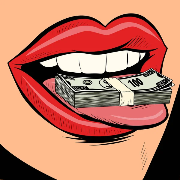 Dinero dólares lengua femenina boca — Vector de stock