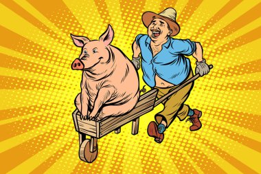 A farmer is transporting a pig on a wooden wheelbarrow clipart
