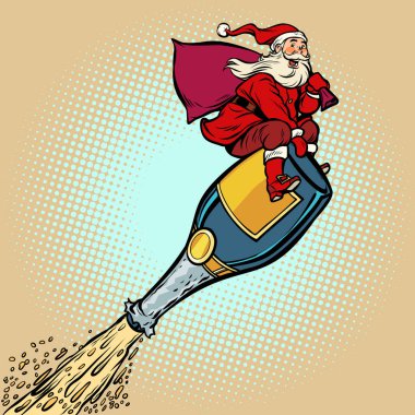 Noel Baba bir şişe şampanya üzerinde uçuyor. Yeni yıl ve Noel