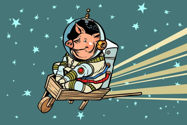 Cochon astronaute promenades sur une brouette en bois — Image vectorielle