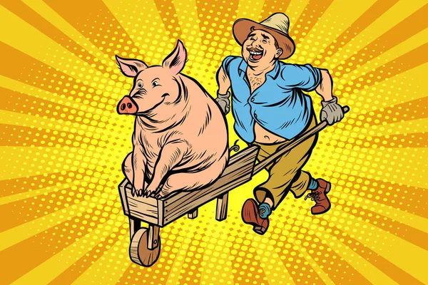 一个农夫正在用木制手推车运送一只猪。 — 图库矢量图片