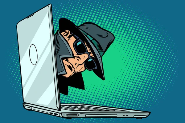 Espião. Computador portátil. Vigilância e pirataria — Vetor de Stock