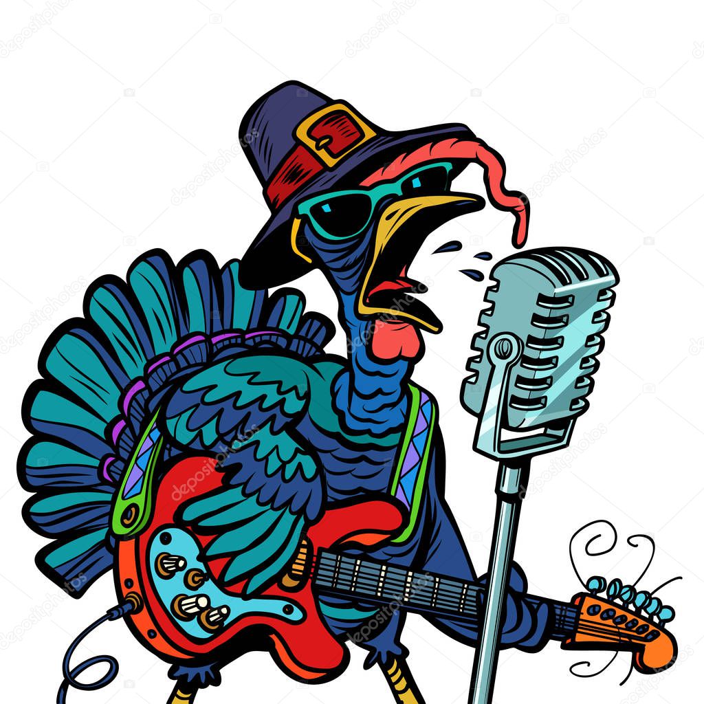 Thanksgiving Turkey character singer. Isolate on white backgroun