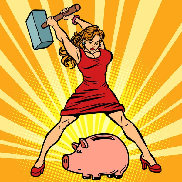 A mulher quebra o Piggy Bank. Finanças, Economia e Consumo — Vetor de Stock